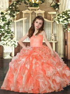 Floor Length Ball Gowns Sleeveless Peach Kids Pageant Dress Lace Up