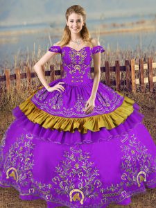 Floor Length Lace Up Quince Ball Gowns Purple for Sweet 16 and Quinceanera with Embroidery