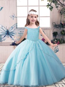 Fancy Blue Pageant Dress for Womens Party and Sweet 16 and Wedding Party with Beading Off The Shoulder Sleeveless Lace Up