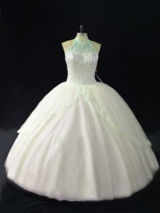 Modern White Lace Up Halter Top Beading Quinceanera Gowns Tulle Sleeveless