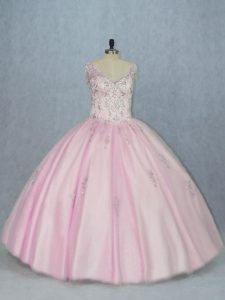 Pretty Baby Pink V-neck Backless Beading and Appliques Sweet 16 Dresses Sleeveless