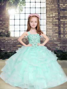 Unique Apple Green Sleeveless Floor Length Beading and Ruffles Lace Up Girls Pageant Dresses