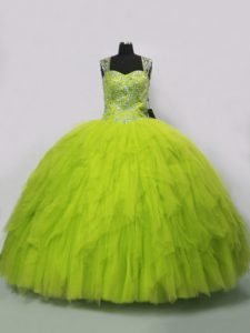 Romantic Floor Length Yellow Green Sweet 16 Quinceanera Dress Tulle Sleeveless Beading and Ruffles