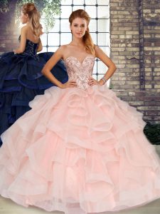 Floor Length Baby Pink Quinceanera Gowns Sweetheart Sleeveless Lace Up