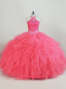 Stunning Halter Top Sleeveless Lace Up Ball Gown Prom Dress Pink Tulle