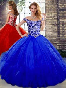 Off The Shoulder Sleeveless 15 Quinceanera Dress Floor Length Beading and Ruffles Royal Blue Tulle