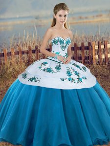 Best Selling Blue And White Sweetheart Lace Up Embroidery and Bowknot Quince Ball Gowns Sleeveless