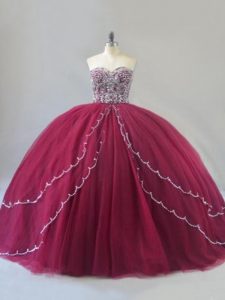 High Quality Burgundy Sweetheart Neckline Beading Quince Ball Gowns Sleeveless Lace Up