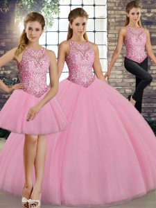 Charming Sleeveless Tulle Floor Length Lace Up 15 Quinceanera Dress in Pink with Embroidery