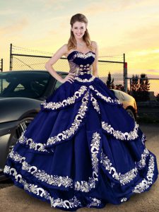 Floor Length Royal Blue Quinceanera Gowns Satin Sleeveless Embroidery and Ruffled Layers
