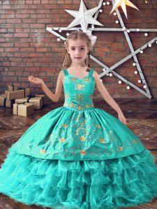 Decent Sleeveless Floor Length Embroidery and Ruffled Layers Lace Up Little Girls Pageant Gowns with Turquoise