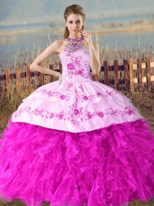 Low Price Halter Top Sleeveless Court Train Lace Up Quinceanera Dress Fuchsia Organza