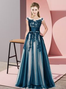 Excellent Navy Blue Empire Scoop Sleeveless Tulle Floor Length Zipper Beading and Lace Quinceanera Dama Dress