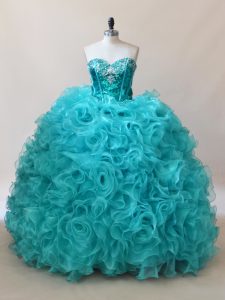 Dazzling Floor Length Aqua Blue Quinceanera Dresses Fabric With Rolling Flowers Sleeveless Ruffles and Sequins