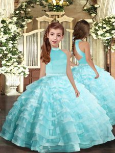 Ball Gowns Little Girl Pageant Gowns Aqua Blue Halter Top Organza Sleeveless Floor Length Backless