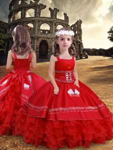 Floor Length Red Little Girls Pageant Dress Satin and Organza Sleeveless Embroidery and Ruffled Layers