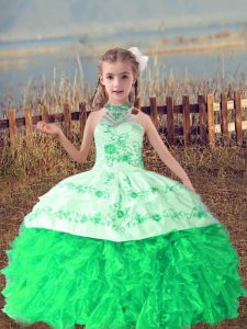 Floor Length Green Pageant Dress Organza Sleeveless Beading and Embroidery and Ruffles