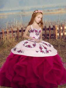 Colorful Fuchsia Lace Up Kids Pageant Dress Sleeveless Floor Length Embroidery and Ruffles