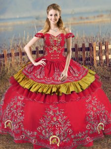 Off The Shoulder Sleeveless Lace Up Vestidos de Quinceanera Red Satin and Organza