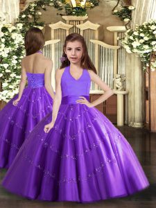 Purple Ball Gowns Beading Pageant Gowns Lace Up Tulle Sleeveless Floor Length