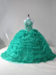 Pretty Halter Top Sleeveless Tulle Ball Gown Prom Dress Beading and Pick Ups Court Train Lace Up