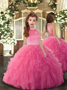 Floor Length Rose Pink Little Girl Pageant Gowns Tulle Sleeveless Beading and Ruffles