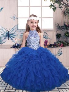 Blue Lace Up Custom Made Pageant Dress Beading and Ruffles Sleeveless Floor Length