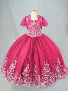 Inexpensive Spaghetti Straps Sleeveless Pageant Dresses Floor Length Beading and Embroidery Hot Pink Tulle