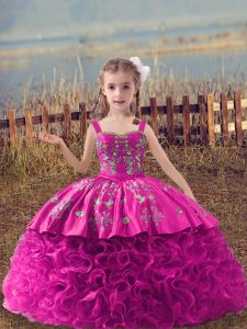 Straps Sleeveless Sweep Train Lace Up Pageant Gowns For Girls Fuchsia Fabric With Rolling Flowers