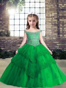 Off The Shoulder Sleeveless Lace Up Little Girls Pageant Gowns Green Tulle