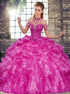 Glittering Fuchsia Ball Gowns Halter Top Sleeveless Organza Floor Length Lace Up Beading and Ruffles 15 Quinceanera Dress