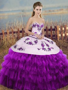 Pretty White And Purple Sleeveless Embroidery and Ruffled Layers and Bowknot Floor Length 15 Quinceanera Dress