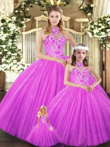 Top Selling Halter Top Sleeveless 15th Birthday Dress Floor Length Embroidery Lilac Tulle