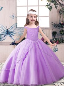High Class Lavender Tulle Lace Up Off The Shoulder Sleeveless Floor Length Little Girls Pageant Dress Beading