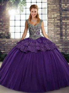 Affordable Floor Length Lace Up Quinceanera Dresses Purple for Military Ball and Sweet 16 and Quinceanera with Beading and Appliques
