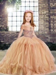 Trendy Champagne Ball Gowns Tulle Straps Sleeveless Beading Floor Length Lace Up Little Girl Pageant Gowns