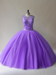 Sleeveless Tulle Floor Length Lace Up Quinceanera Dresses in Lavender with Beading