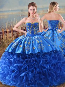 Royal Blue Sweetheart Lace Up Embroidery and Ruffles Sweet 16 Dress Brush Train Sleeveless