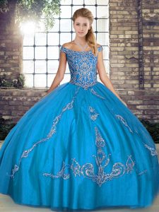 Fashionable Blue Lace Up Off The Shoulder Beading and Embroidery Quinceanera Dresses Tulle Sleeveless