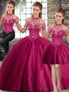 Customized Fuchsia Tulle Lace Up Halter Top Sleeveless Quince Ball Gowns Brush Train Beading