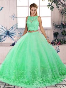 Two Pieces Sleeveless Turquoise Quince Ball Gowns Sweep Train Backless