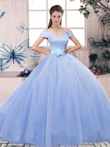 Flare Lavender Off The Shoulder Neckline Lace and Hand Made Flower Sweet 16 Quinceanera Dress Short Sleeves Lace Up