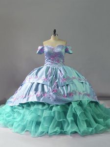 Lace Up Sweet 16 Dresses Blue for Sweet 16 and Quinceanera with Embroidery and Ruffles Chapel Train