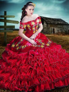 Superior Red Ball Gowns Off The Shoulder Sleeveless Organza Floor Length Lace Up Embroidery and Ruffles Quinceanera Gown