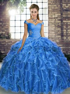 Ball Gowns Sleeveless Blue Ball Gown Prom Dress Brush Train Lace Up