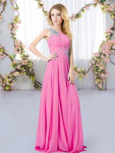 Rose Pink Sleeveless Floor Length Beading Zipper Quinceanera Dama Dress