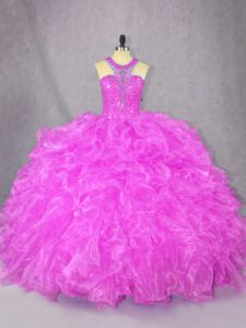 Modest Ball Gowns Quinceanera Dress Fuchsia Scoop Organza Sleeveless Floor Length Zipper