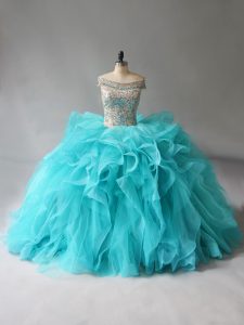 Clearance Ball Gowns Sleeveless Aqua Blue Sweet 16 Dresses Brush Train Lace Up