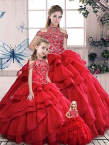 Red Ball Gowns Beading and Ruffles Vestidos de Quinceanera Lace Up Organza Sleeveless Floor Length