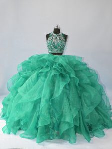 Turquoise Ball Gowns Beading and Ruffles Quinceanera Dress Backless Organza Sleeveless